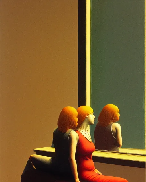 Image similar to twins, sisters, in the void, by the mirror, train station, woman poking tv in her head edward hopper and james gillard, zdislav beksinski, high detail alex colville, otto mueller, stephen conroy, sandro botticelli, andrew newell wyeth, daniel meidman jussi picho octane rendering