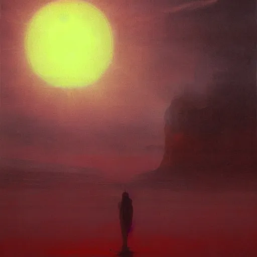 Image similar to painting of the god of the sun floating in the red sky, by beksinski, ruan jia, wayne barlowe, dark soul art, trending on artstation
