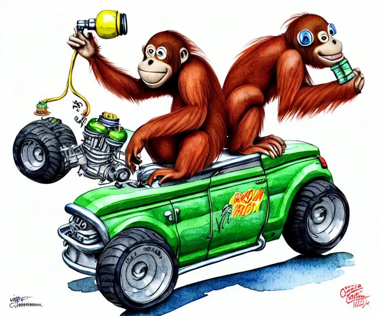 Image similar to cute and funny, orangutan wearing a helmet riding in a tiny hot rod with oversized engine, ratfink style by ed roth, centered award winning watercolor pen illustration, isometric illustration by chihiro iwasaki, edited by range murata, tiny details by artgerm, symmetrically isometrically centered