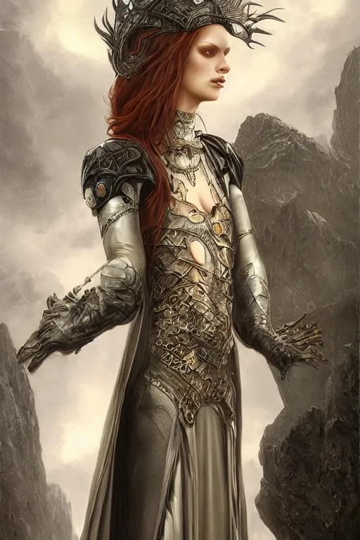 Image similar to ultra realist soft painting of a single gothic armored mage in a full long curvy slim dress in Elden Ring, thin long auburn hair, symmetry accurate features, very intricate details, volumetric lighting, by Tom Bagshaw Boris Vallejo