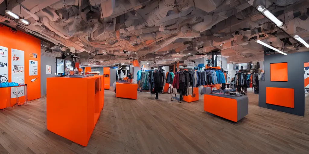 Image similar to New Balance Pop Up store, orange details, wood interior of staten ferry, ferry windows, cinematic lighting