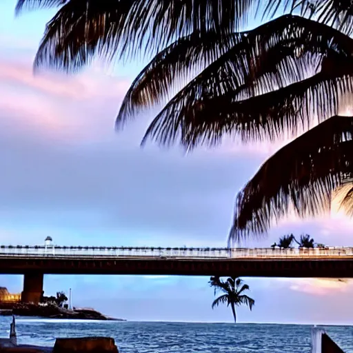 Image similar to blue hour, mostly cloudy sky, palm trees, bridge, curved bridge, dusk, oceanfront bridge, 2 4 0 p footage, 2 0 0 6 youtube video, 2 0 0 6 photograph, grainy low quality photograph, home video