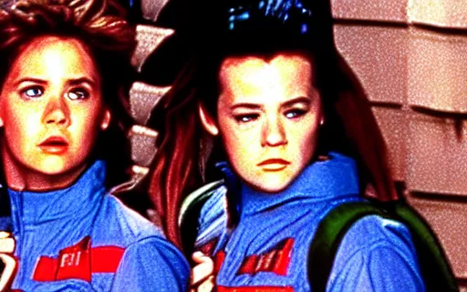 Image similar to full - color cinematic movie still from the 1 9 8 4 film ghostbusters starring young jennifer connelly and alyssa milano and lea thompson as ghostbusters. detailed facial - features ; supernatural ; action ; comedy.