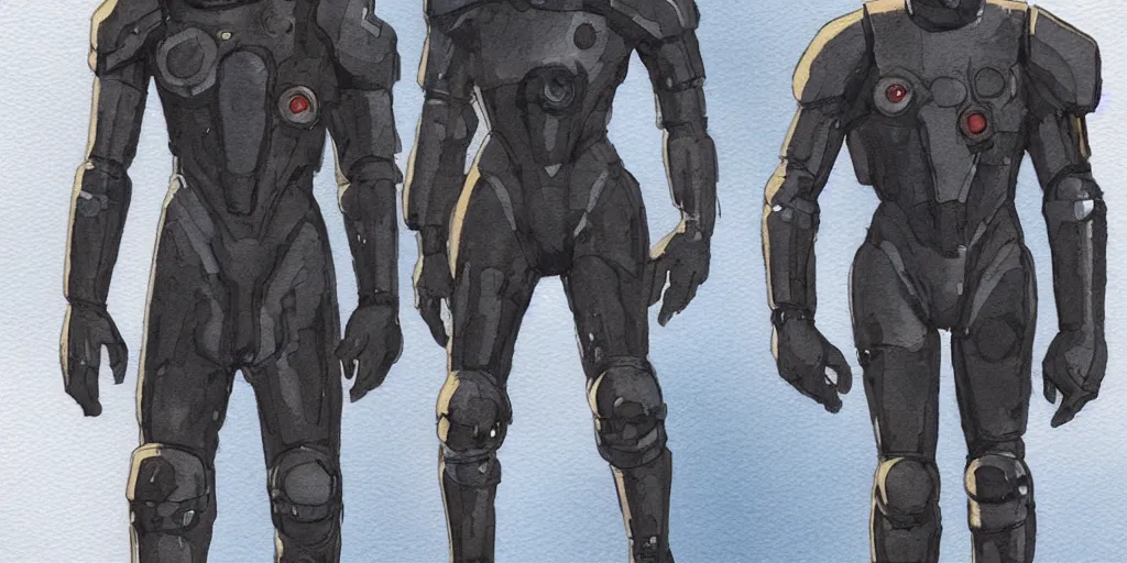 Image similar to male, full body, establishing shot, modern space suit, intriguing helmet, very stylized character design, the expanse tv series, large shoulders, short torso, long thin legs, tiny feet, science fiction, hyperdetailed, technical suit, dieselpunk, watercolor digital painting, in the style of mike mignola, by alex maleev