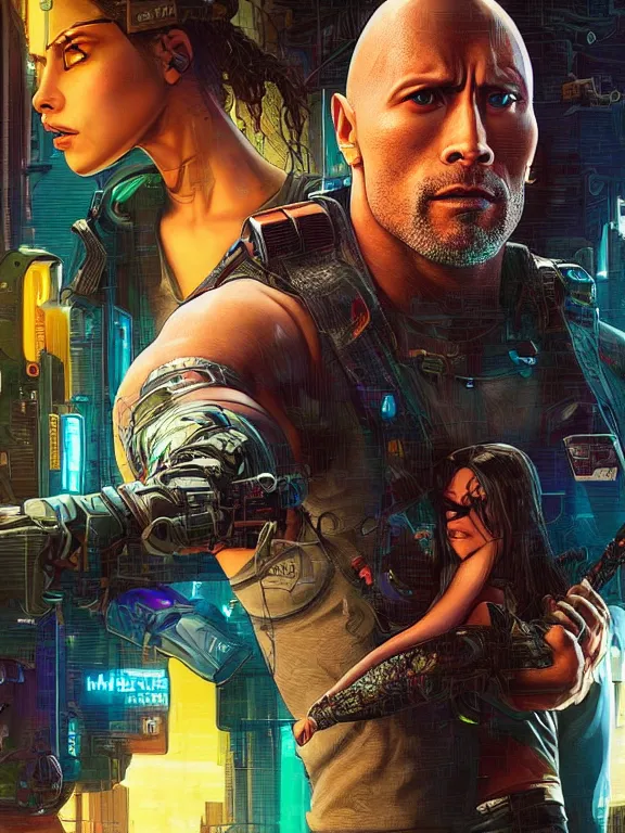 Image similar to a cyberpunk 2077 portrait of Dwayne Johnson holding a female android with tango pose,complex mess of cables and wires behind them connected to giant computer, love moive,film lighting, by laurie greasley,Lawrence Alma-Tadema,William Morris,Dan Mumford, trending on atrstation, full of color,face enhance, highly detailed,8K, octane,golden ratio,cinematic lighting