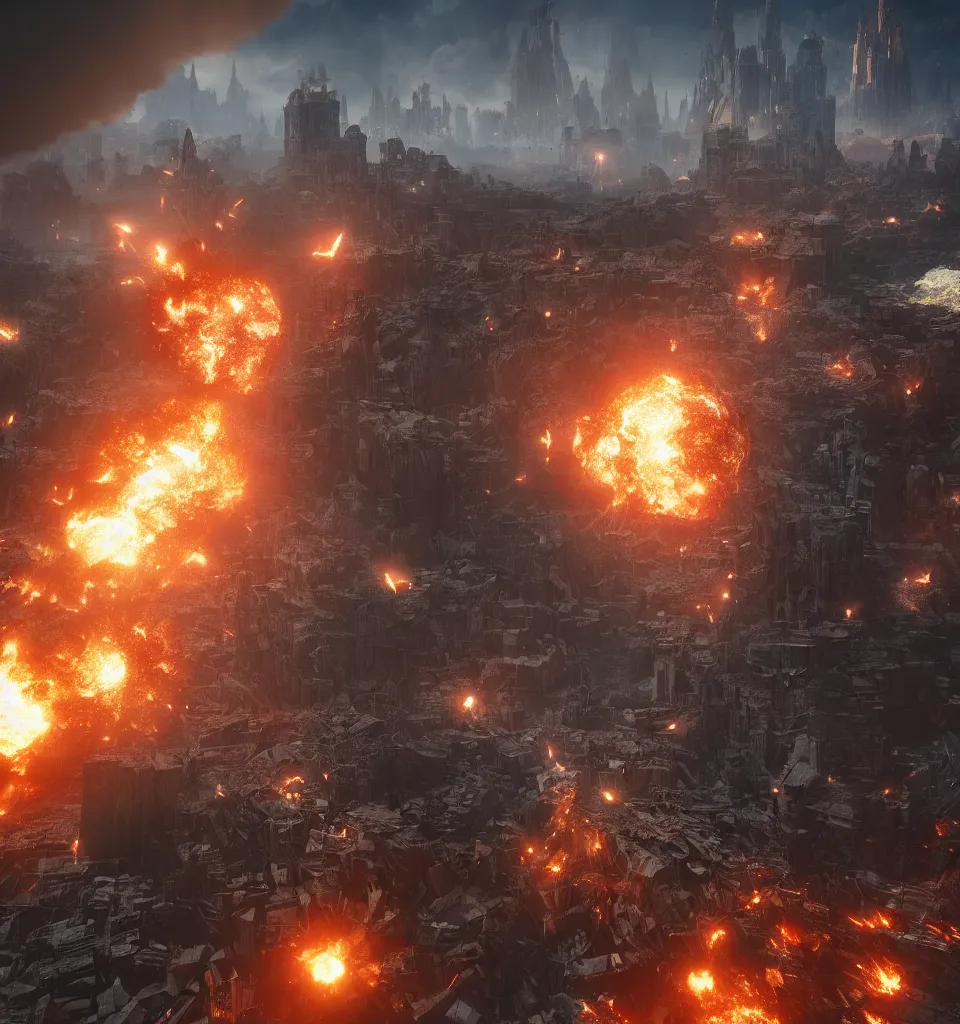 Image similar to a asteroid crashing in a gothic medieval cyberpunk city, giant explosion, fire, trail of smoke, high quality, detailed, 8k, unreal engine, octane render, trending on artstation