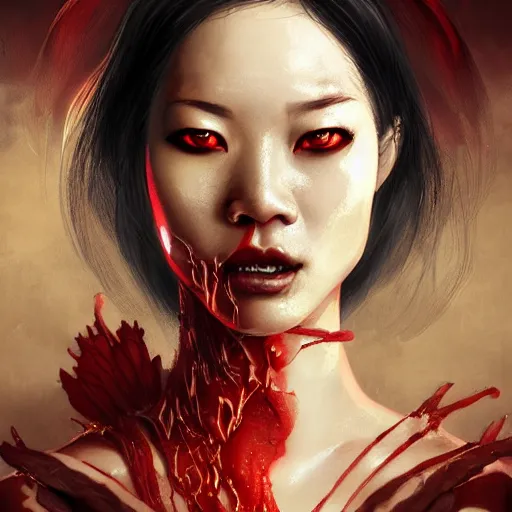 Prompt: portrait of burning asian woman, fire, blood red eyes, open mouth, vampire fangs, fantasy, intricate, elegant, highly detailed, digital painting, artstation, concept art, matte, sharp focus, illustration, octane render, unreal engine, art by aenaluck and roberto ferri and greg rutkowski, epic fantasy, digital painting