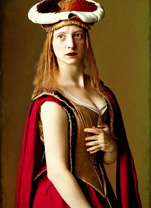 Image similar to portrait of young woman in renaissance dress and renaissance headdress, art by annie leibovitz