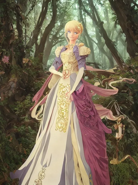 Prompt: anime key visual of barbie wearing a medieval gown!! intricate, magical forest, stunning, highly detailed, digital painting, artstation, smooth, hard focus, illustration, art by artgerm and greg rutkowski and alphonse mucha