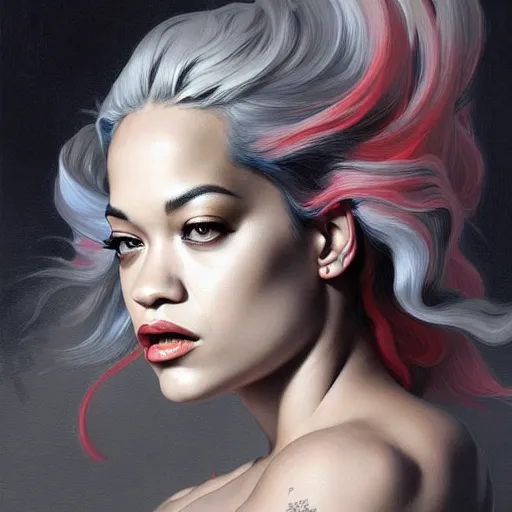 Image similar to Rita Ora , colorful painting on grey scale face, powerful , magic, thunders, dramatic lighting, intricate, wild, highly detailed, digital painting, artstation, concept art, smooth, sharp focus, illustration, art by artgerm and greg rutkowski and alphonse mucha, footage