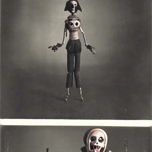 Image similar to female alive, creepy marionette puppet, leaping towards viewer, horrific, unnerving, clockwork horror, pediophobia, lost photograph, dark, forgotten, final photo found before disaster, human in the background polaroid,