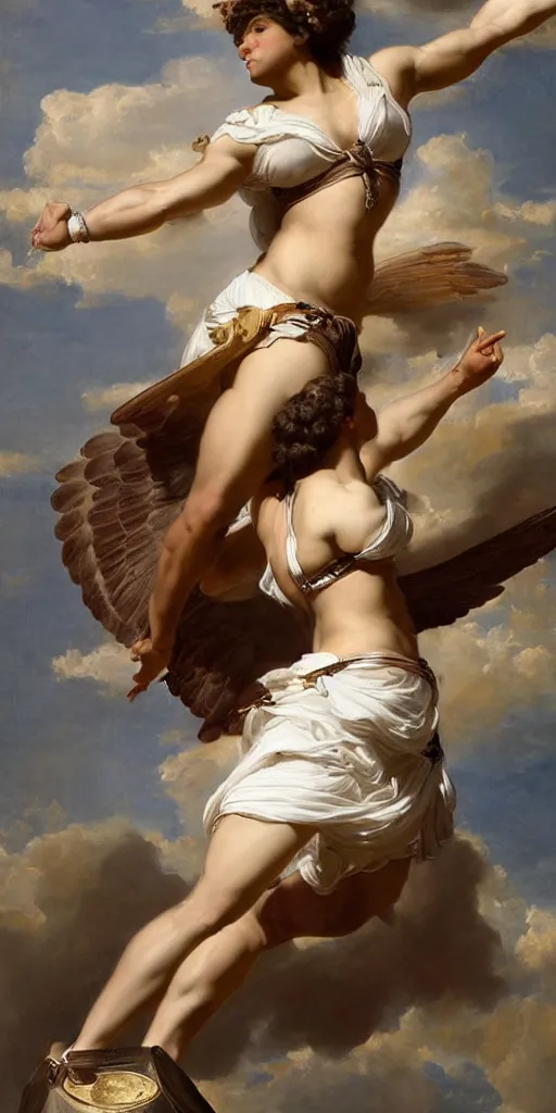 Image similar to Portrait of Serena Williams as Nike Goddess, large wings, luxuriant, dreamy, eternity, romantic, strong pose, highly detailed, in the style of Franz Xaver Winterhalter, highly detailed, in the style of Aetherpunk