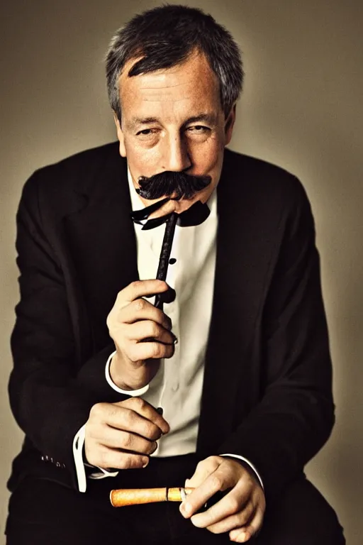 Image similar to mario testino photography, a male portrait, black hair, moustache, smoking a pipe