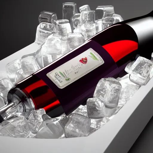 Image similar to wine bottle in ice gift box, highly detailed, concept art, realistic, octane render, unreal engine, up close shot