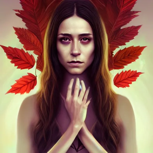 Prompt: gorgeous female stella maeve magician, realistic character concept, medium shot, elegant pose, spooky, illustration, symmetrical face and body, realistic symmetrical eyes, artstation, cinematic lighting, detailed realistic symmetrical eyes, 8 k, charlie bowater, tom bagshaw, single face, insanely detailed and intricate elegant, autumn leaves