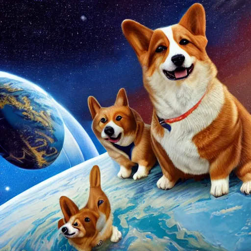 Image similar to all of the planets revolving around a giant Corgi, beautiful, oil on canvas, intricate, 8k highly professionally detailed, HDR, CGsociety