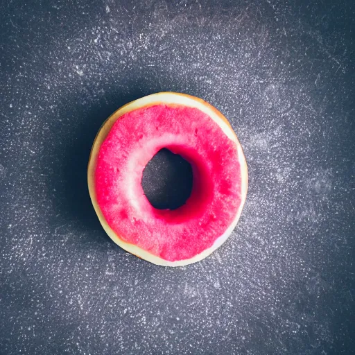 Image similar to Perfectly circular donut!!!!! in the shape of a watermelon!!!!!!, trending on artstation, 4k, 8k, professional photography, overhead shot, 35mm lens