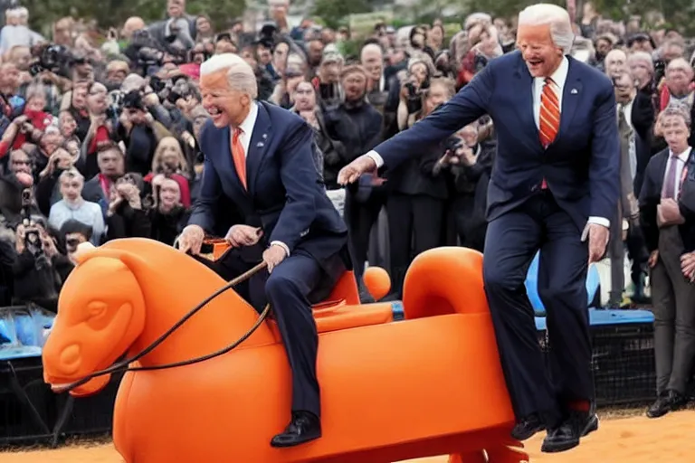 Image similar to President Joe Biden riding an orange horse with face of Donald Trump, Reuters photo