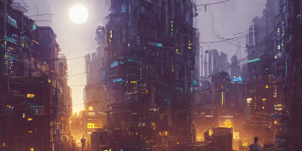 Prompt: small building, city, street view, science fiction, cyberpunk, night, wide angle, full of people, moon, a lot of yellow lights, cinematic lighting, high detail, digital painting, concept art, illustration, smooth, sharp focus, trending on artstation, trending on deviantart, 4 k
