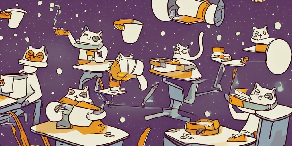 Prompt: illustration of cats in spacehelmets in an office building tossing donuts in the air and slapping coffee cups off of conputer tables, in the style of roger deakins