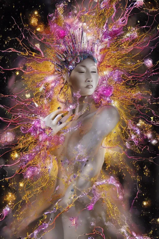 Prompt: realistic 8k digital painting of a stunning intricate cracked multicolored milky marble Cosmic EVA-Mech Ethereal Queen character design. Beautiful aura. Kintsugi. by Daytoner, Greg Tocchini, Yoshitaka Amano. Intricate Empress Crown made of sentient mycelium jewels and gems. subtle misty xparticles. Scattered Cherry blossoms Hyperrealism. Subsurface scattering. Octane Render