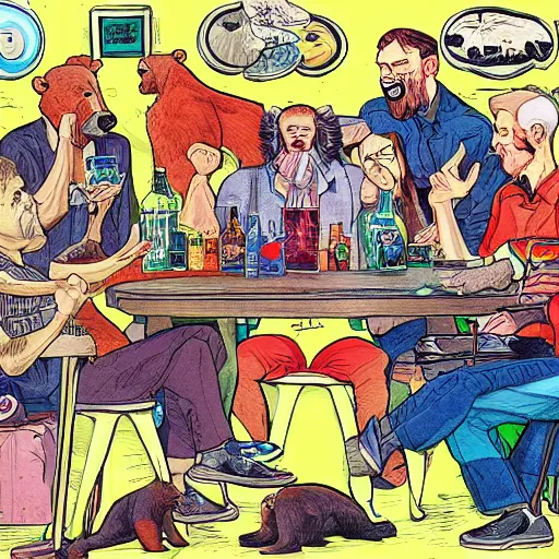 Image similar to a group of friends drinking bear, comic art, highly detailed, colorful