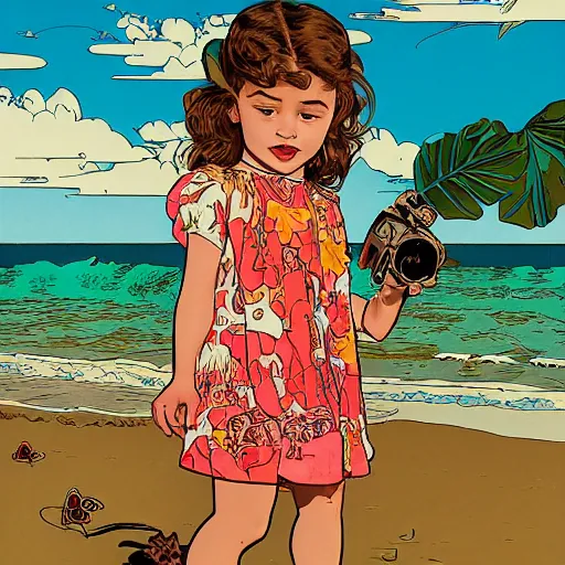 Prompt: a five - year - old caucasian girl with honey brown eyes and hair, wearing a hawaiian dress, dancing on a tropical beach, portrait, wide shot, midday light, bright colors, illustration, pop art, splash painting, graphic novel, art by geof darrow, ashley wood, alphonse mucha