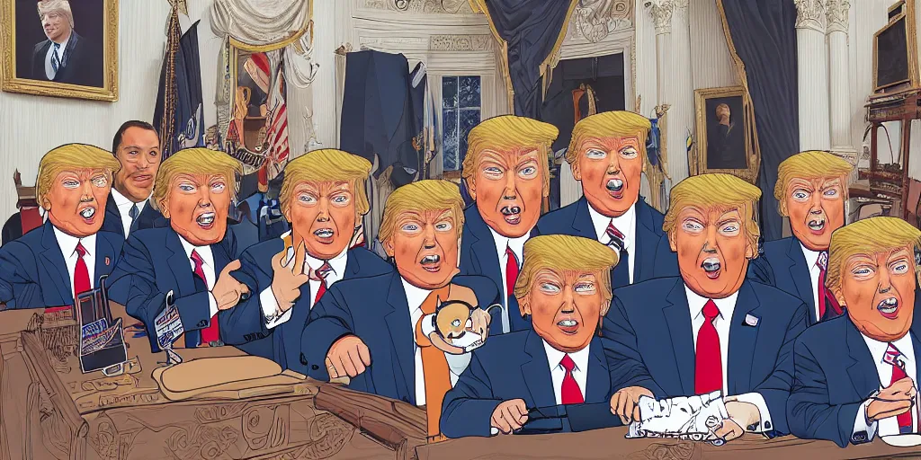 Image similar to donald trump (puppeteer) controlling supreme court justices as puppets, full color digital illustration