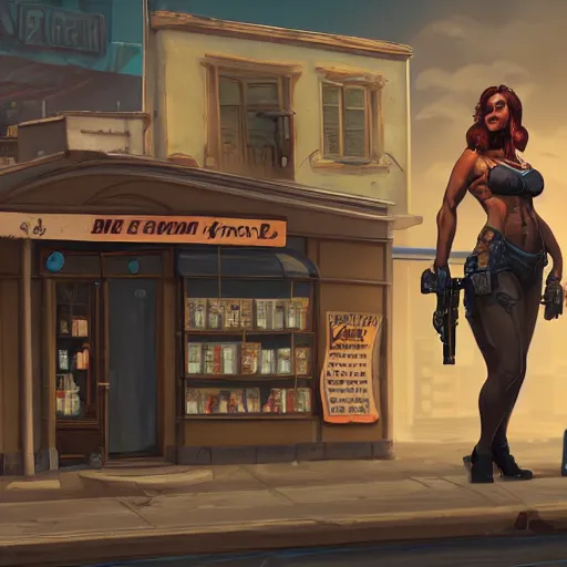 Prompt: a woman with large chest and a big gun, painted in comics style in front of the shop marked with sign Daniel Vavra highly detailed, intricate, concept art, game art, octane render, 8k, unreal engine