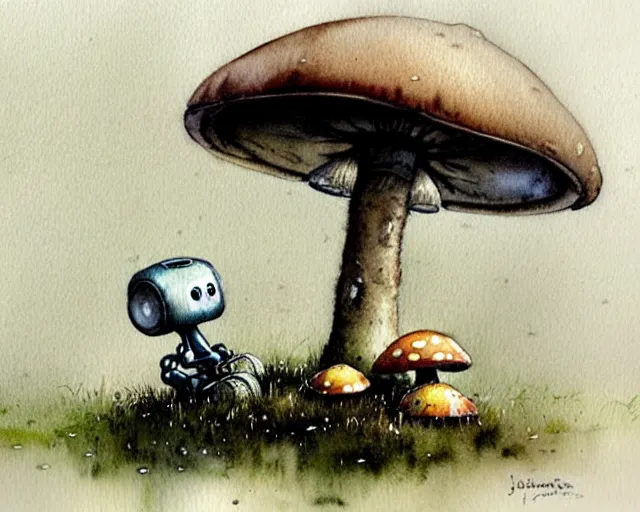 Image similar to a cute little robot sitting on the ground under mushrooms, hiding from the rain. gray sky, rain clouds, heavy rain. watercolor painting by jean - baptiste monge, muted colors