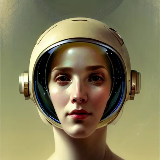 Prompt: A portrait of a blonde girl wearing a vintage sci-fi astronaut helmet, face, intricate, elegant, highly detailed, digital painting, artstation, concept art, smooth, sharp focus, illustration, art by Krenz Cushart and Artem Demura and alphonse mucha