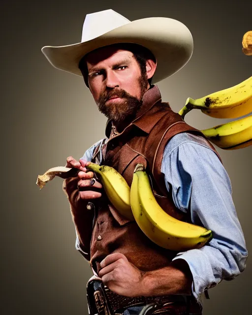 Image similar to A cowboy holding a banana, wild west duel, cinematic