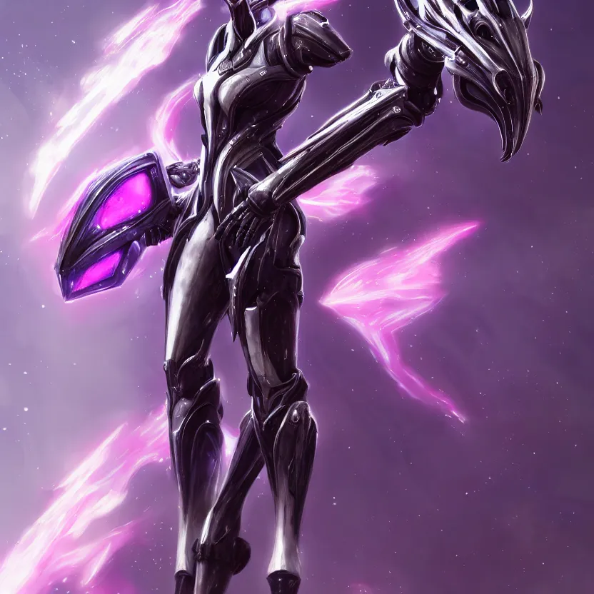 Image similar to cinematic front shot, cosmic sized proportional stunning beautiful hot female warframe, detailed robot mecha female dragon head, metal ears purple eyes, sleek silver armor, fuschia skin, floating in empty space, nebula sized, posing elegantly, epic proportions, epic size, epic scale, furry art, dragon art, giantess art, warframe fanart, furaffinity, deviantart