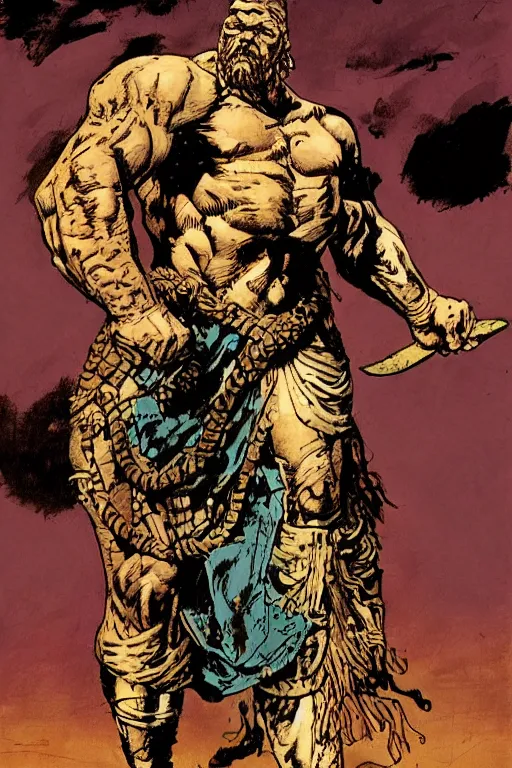 Prompt: ancient historically accurate depiction of the Bible Character Goliath of Gath, the Philistine warrior giant by frank miller
