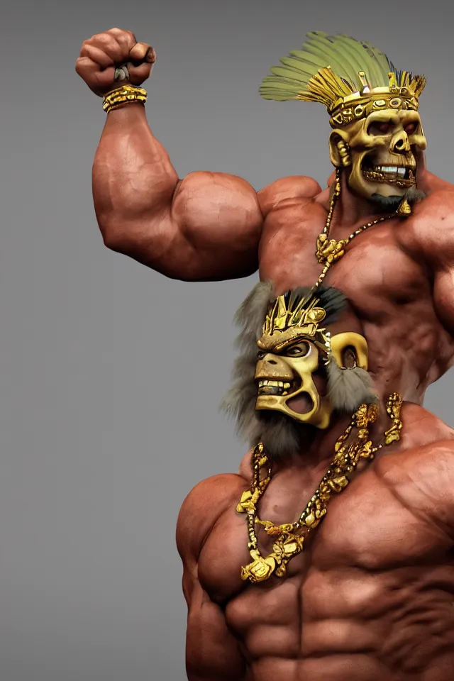 Prompt: A indigenous muscle man with skull head, gold and jade jewelry, feather crown, in the style of Z.W. Gu from trending on artstation, HD, Octane render, smooth, sharp focus, Anime style