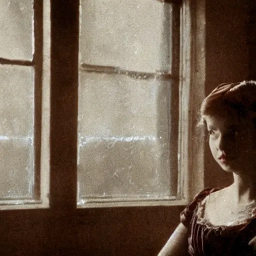 Image similar to film still of a distressed young female figure by the window in victorian dress, there is no true beauty without decay, lighting by sven nykvist