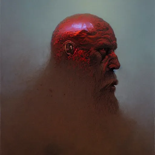 Prompt: Angry Bearded Prospector portrait, dark fantasy, red and gold, artstation, painted by Zdzisław Beksiński and Wayne Barlowe