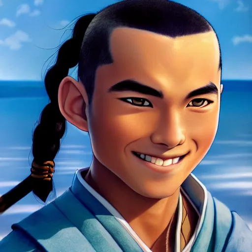Image similar to beautiful serene intricate photograph of sokka from the water tribe as an inuit young man with light blue eyes, smiling softly, relaxing on the beach, golden hour, soft focus, 8 k, art by irakli nadar, hyperrealism, hyperdetailed, ultra realistic