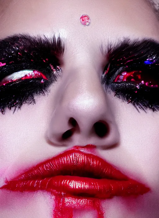 Prompt: lady gaga by nick knight, born this way, born this way album, black winged eyeliner, black lipstick, red weapon 8 k s 3 5, cooke anamorphic / i lenses, highly detailed, cinematic lighting