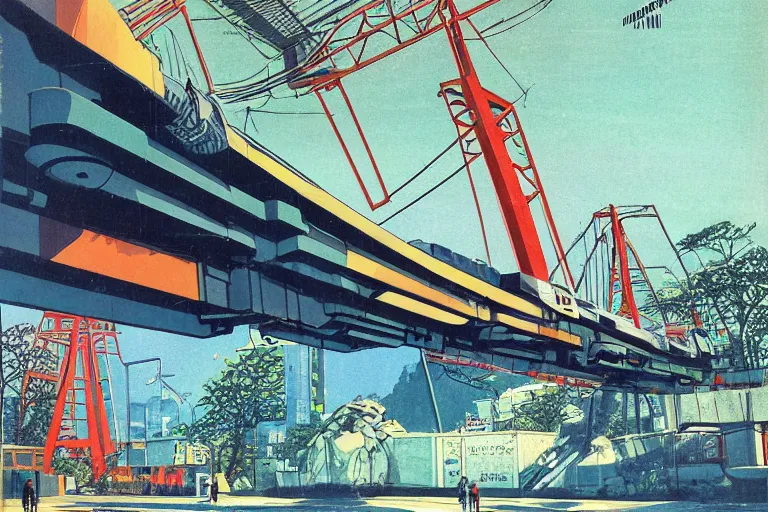 Image similar to 1 9 7 9 omni magazine cover of train bridge going above a park in iwakuni. cyberpunk style by vincent di fate