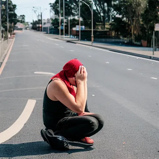 Image similar to A bogan crying because they missed the bus, Canon EOS R3, f/1.4, ISO 200, 1/160s, 8K, RAW, unedited, symmetrical balance, in-frame