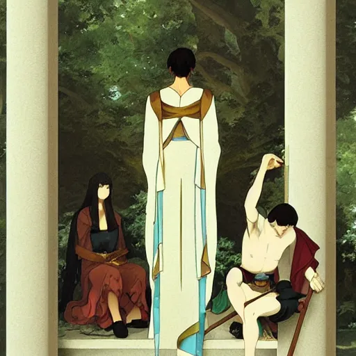 Image similar to Greek archi, a colab between studio ghibli and paul delaroche