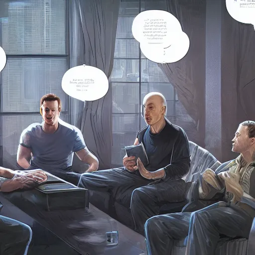 Image similar to elon musk, mark zuckerberg, jeff bezos, in meeting together, very detailed, art contest winner on behance, trendy on deviant art, by artgem, stanley lau, craig mullins