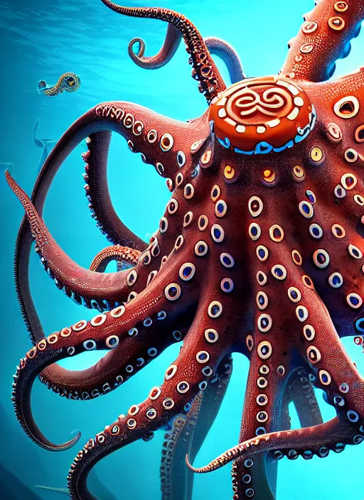 Prompt: detailed image of trident octopus's hunting, kid snorkeling, very coherent symmetrical artwork, cinematic, hyper realism, high detail, octane render, unreal engine, 8k, full body character drawing, clean ink detailed line drawing, intricate detail, extremely detailed.