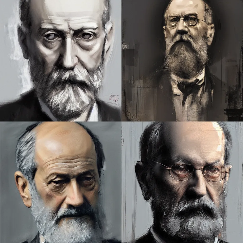 Prompt: A hyperdetailed digital oil portrait painting of Sigmund Freud in the style of Guy Denning and Ruan Jia. Trending on ArtStation and DeviantArt. Digital art.