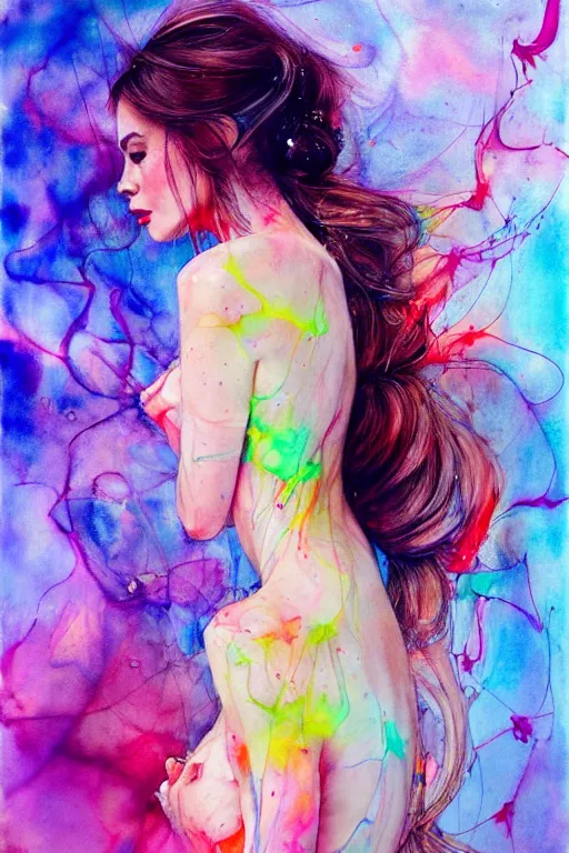 Image similar to sophia vergara by agnes cecile enki bilal moebius, intricated details, 3 / 4 back view, hair styled in a bun, bendover posture, full body portrait, extremely luminous bright design, pastel colours, drips, autumn lights
