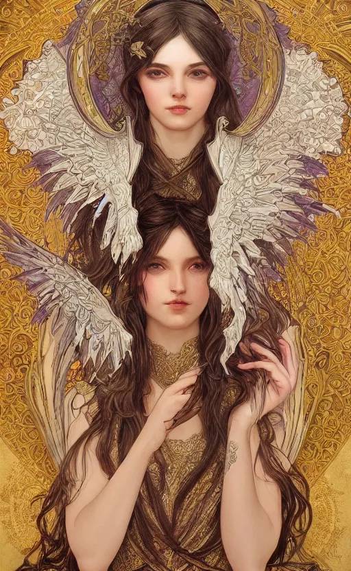 Image similar to a photograpic portrait of a pretty woman, angel, fantasy, intricate, elegant, highly detailed, digital painting, artstation, centered, concept art, smooth, sharp focus, arc, illustration, art by artgerm and h r giger and alphonse mucha