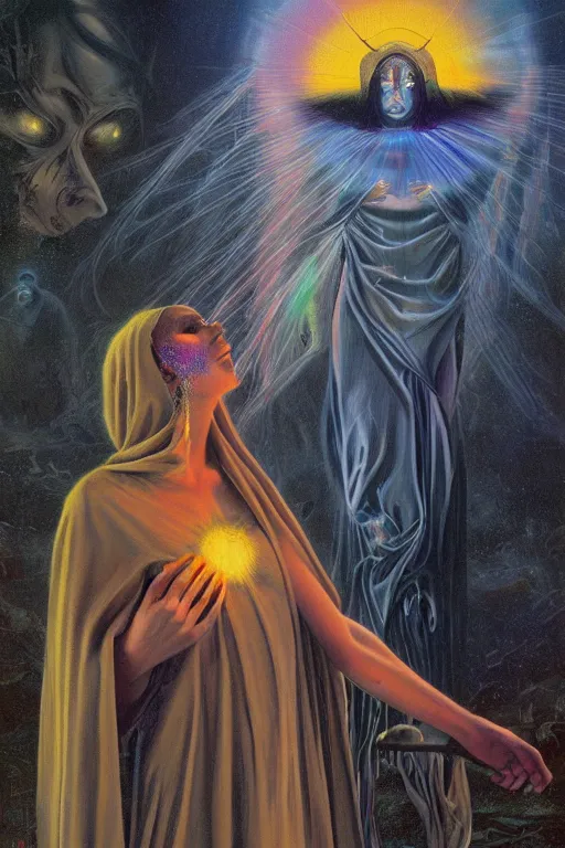 Image similar to gorgeous robed cult girl performing realism third eye ritual, dark theme night time, expanding electric energy waves into the ethereal realm, epic surrealism 8k oil painting, portrait, perspective, high definition, post modernist layering, by Ernst Fuchs, Gerald Brom