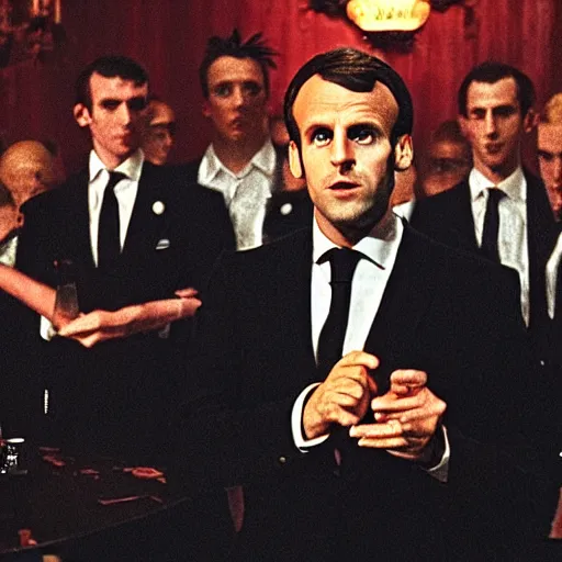 Image similar to Emmanuel Macron in the Gothic nightclub in American Psycho (1999)