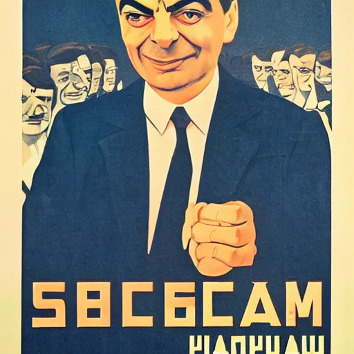 Image similar to Soviet propaganda poster about Mr Bean